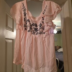 Pink Embroidered Ruffle Sleeve Top